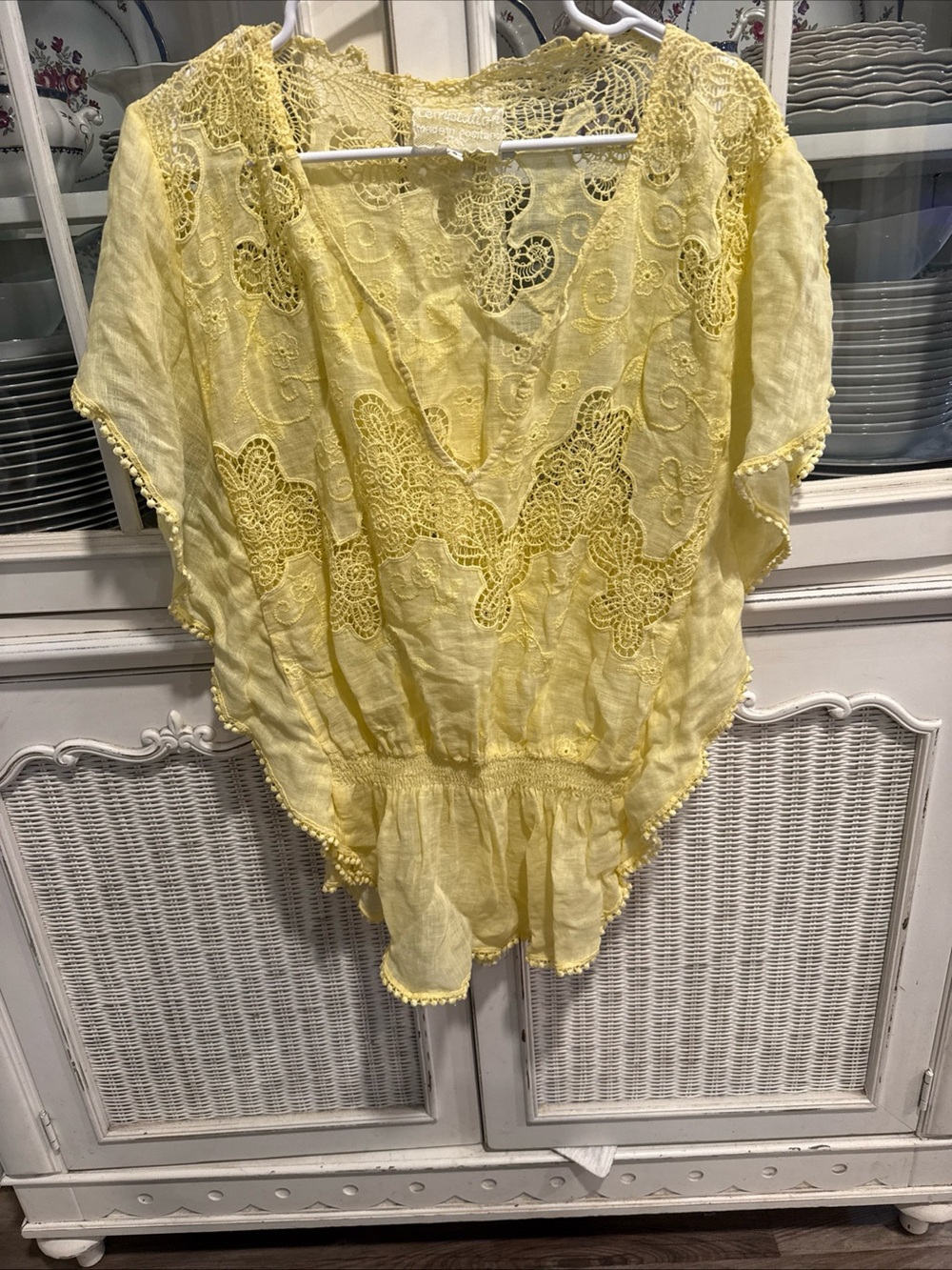 Temptation Positano Women Lace Floral Bohemian Short Sleeve Blouse Size S Yellow